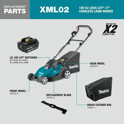 Makita 17 in. 5.0 Ah 18-Volt X2 (36-Volt) LXT Lithium-Ion Cordless Walk Behind Push Lawn Mower Kit