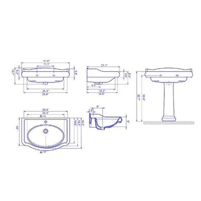 Nameeks Traditional Pedestal Sink in White with 3 Faucet Holes