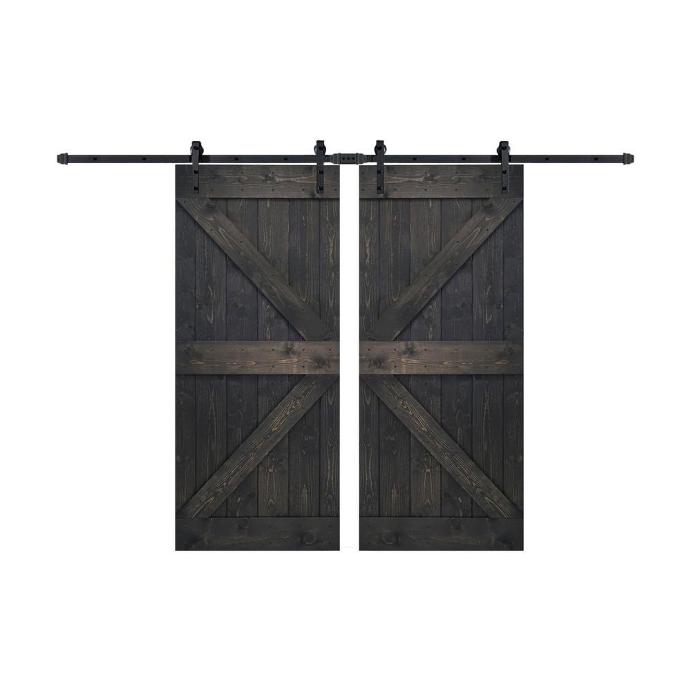 72 in x 84 in K Series Dark Walnut DIY Finished Knotty Pine Wood Double Sliding Barn Door Slab with Hardware Kit - Super Arbor