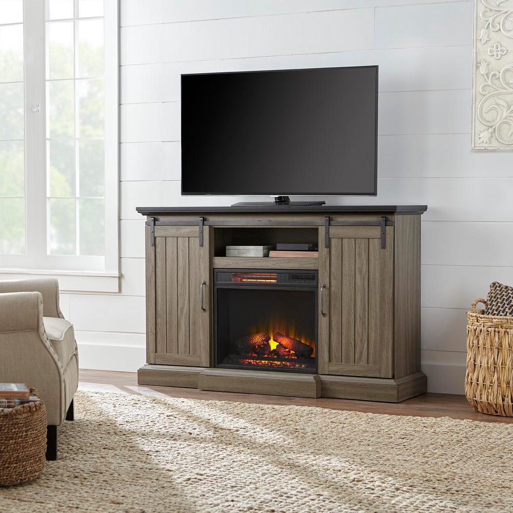 Chastain 56 in. Freestanding Media Console Electric Fireplace TV Stand with Sliding Barn Door in Rustic Walnut - Super Arbor