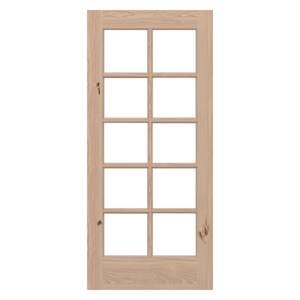 36 in. x 80 in. Rustic Knotty Alder Wood 10-Lite Clear Tempered Glass TDL Stainable Interior Door Slab - Super Arbor