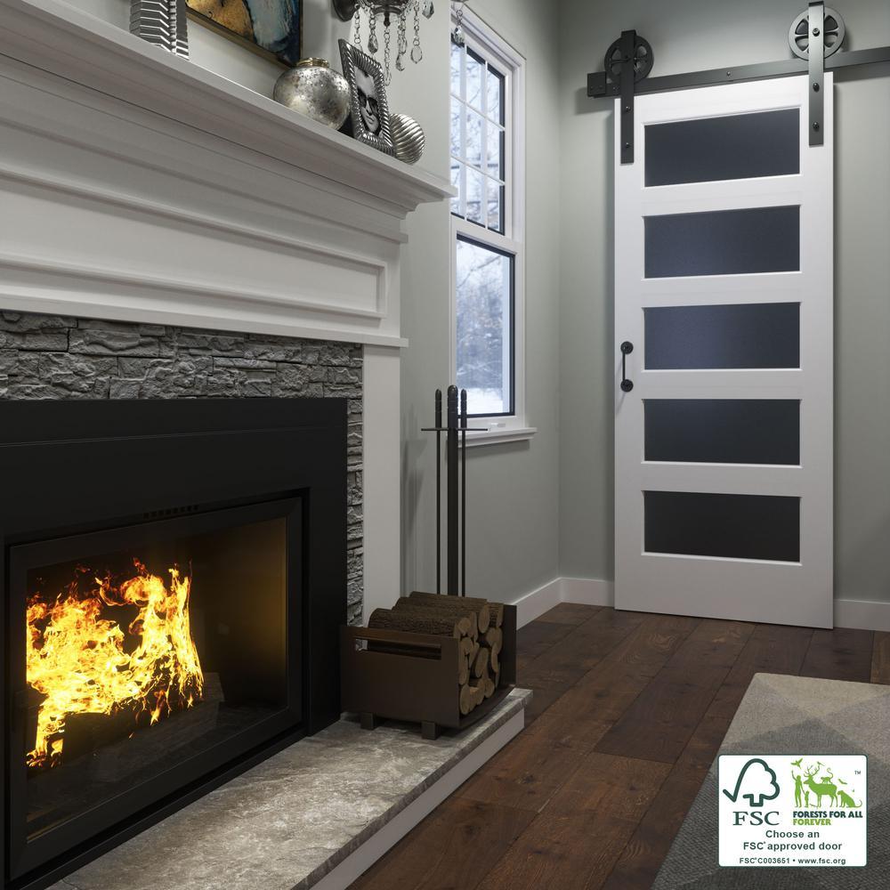 36 in. x 84 in. 5 Frosted Glass Solid Core White Finished Interior Barn Door Slab - Super Arbor