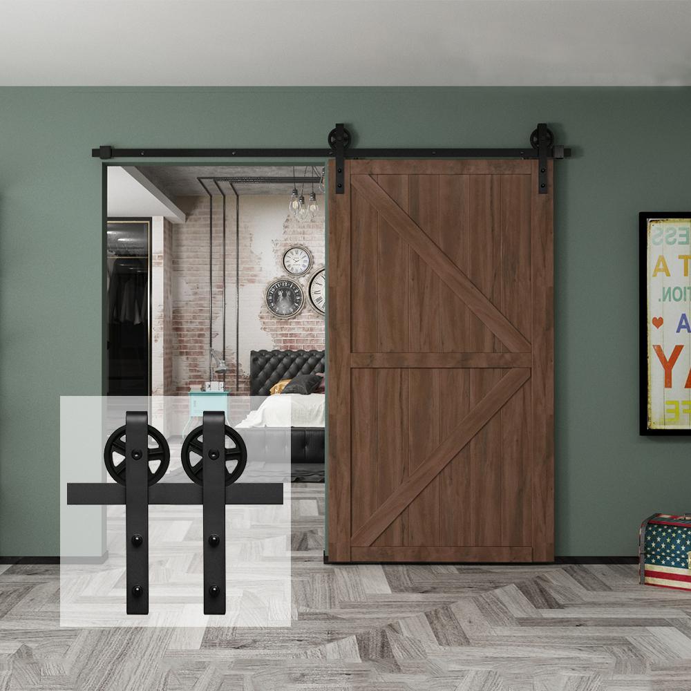 8 ft./96 in. Black Sliding Barn Door Track and Hardware Kit (Bigwheel J Shape Hanger) for Single Door with Floor Guide - Super Arbor