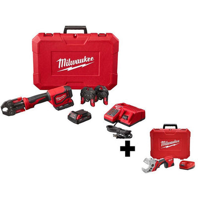 M18 18-Volt Lithium-Ion Cordless Short Throw Press Tool Kit with 3 PEX Crimp Jaws with M12 PVC Shear Kit - Super Arbor