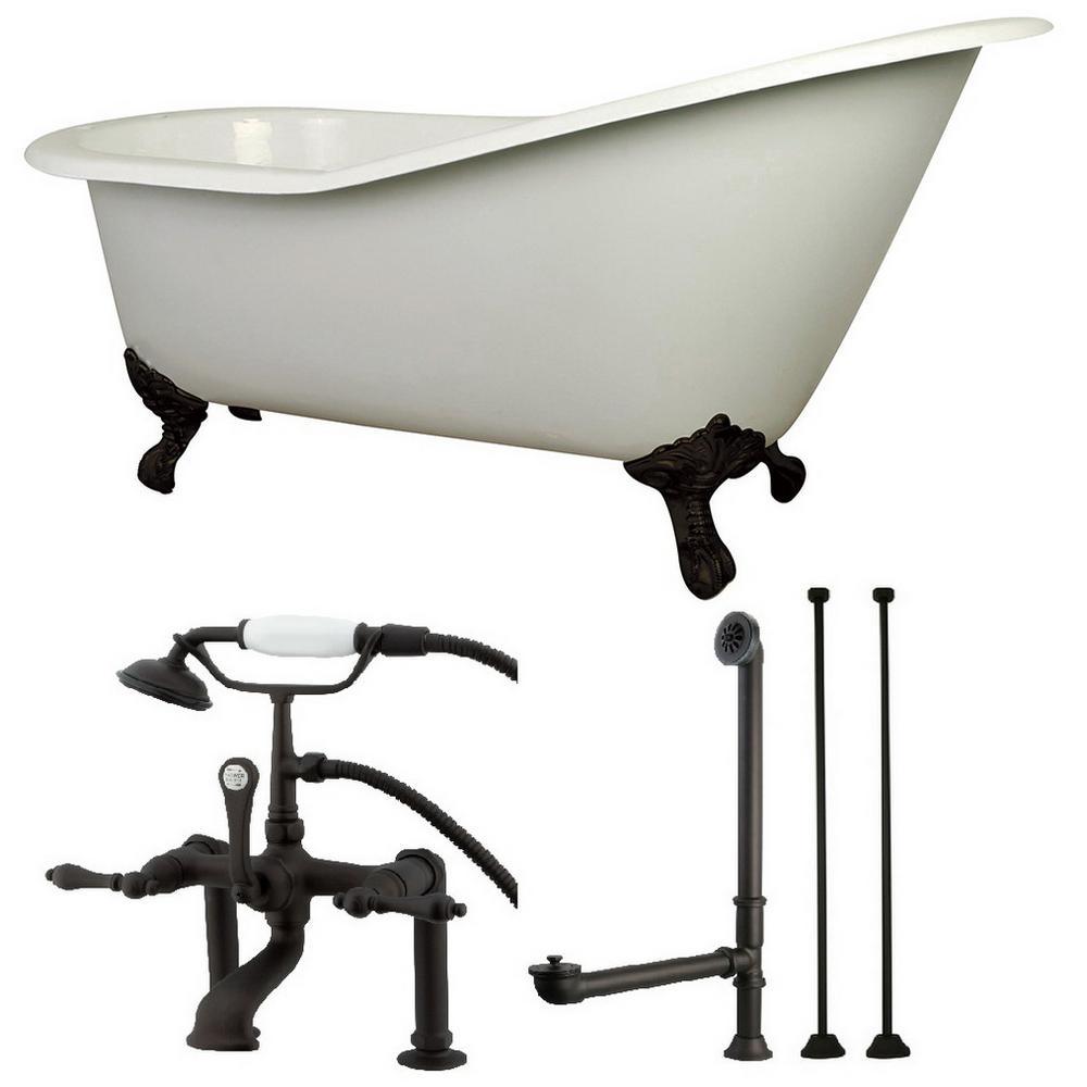 Slipper 62 in. Cast Iron Clawfoot Bathtub in White with Faucet Combo in Polished Brass - Super Arbor