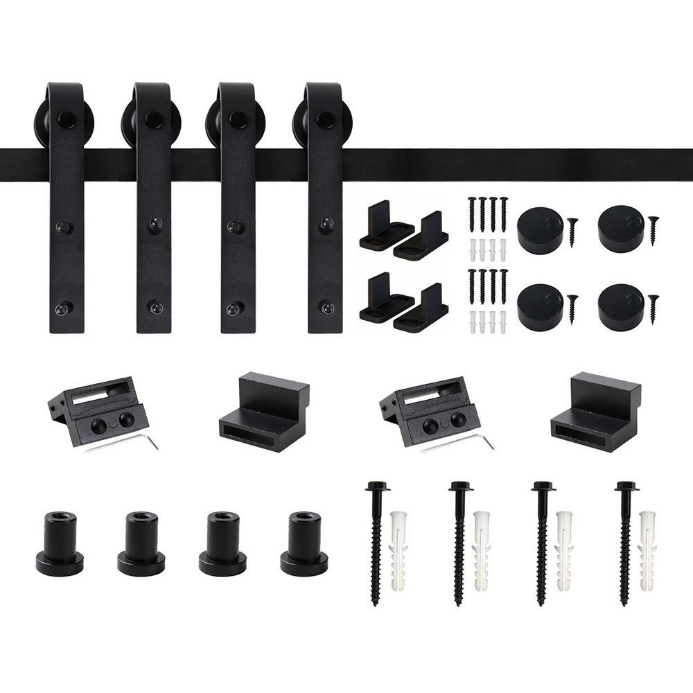 60 in. Frosted Black Sliding Barn Door Hardware Track Kit for Double Doors with Non-Routed Floor Guide - Super Arbor