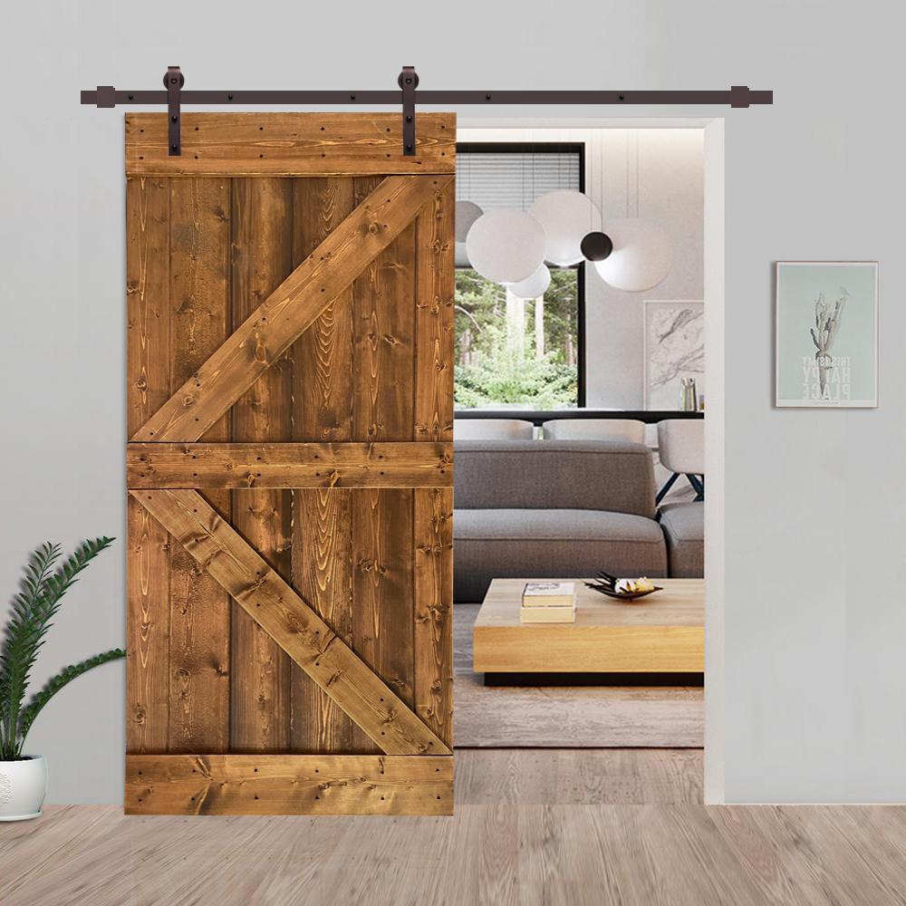 Distressed K 42 in. x 84 in. Walnut Stained Solid Knotty Pine Wood Interior Sliding Barn Door with Hardware Kit - Super Arbor