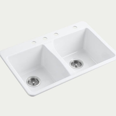 KOHLER Deerfield 33-in x 22-in White Double Equal Bowl Drop-In 3-Hole Residential Kitchen Sink