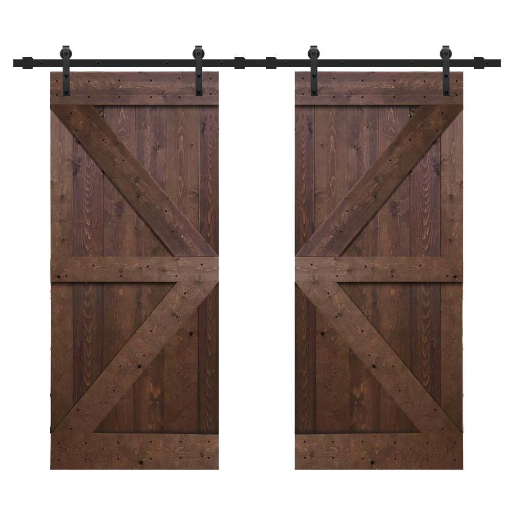 K Series 36 in. x 84 in. Gray Stained Solid Knotty Pine Wood Double Interior Sliding Barn Doors with Hardware Kit - Super Arbor