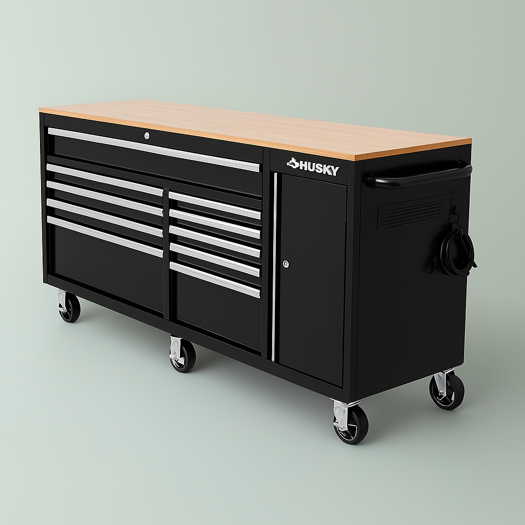 Husky 72 in. 10-Drawer Black Mobile Workbench Cabinet with Solid Wood ...