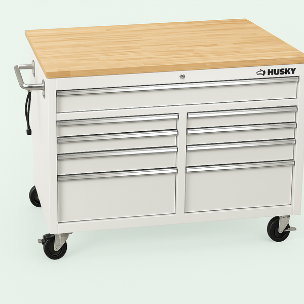 Husky 46 in. Gloss White Mobile Workbench Cabinet with Solid Wood