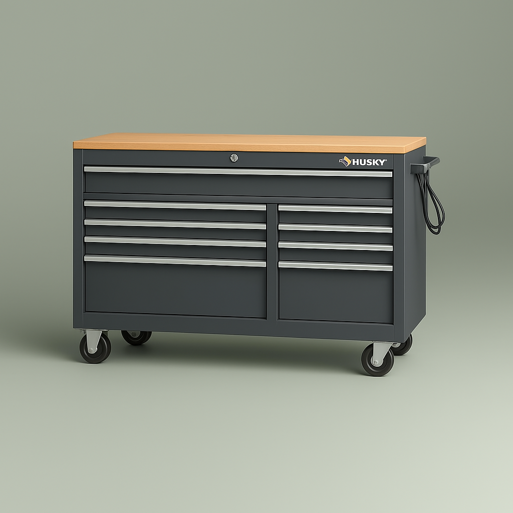 Husky 52 in. W x 25 in. D 9-Drawer Mobile Workbench Cabinet with