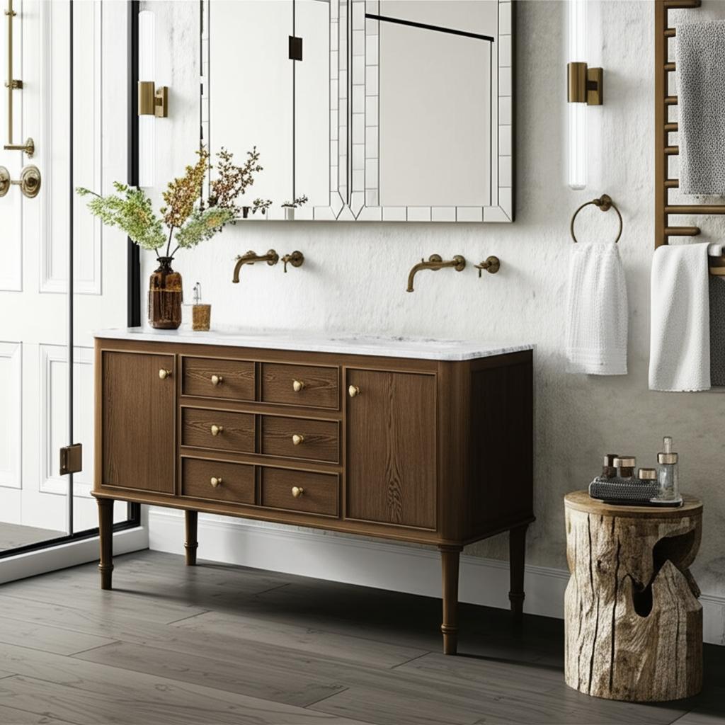 Home Decorators Collection Collette 60" Double Sink Bath Vanity in Cinnamon Oak with Carrara Marble Top