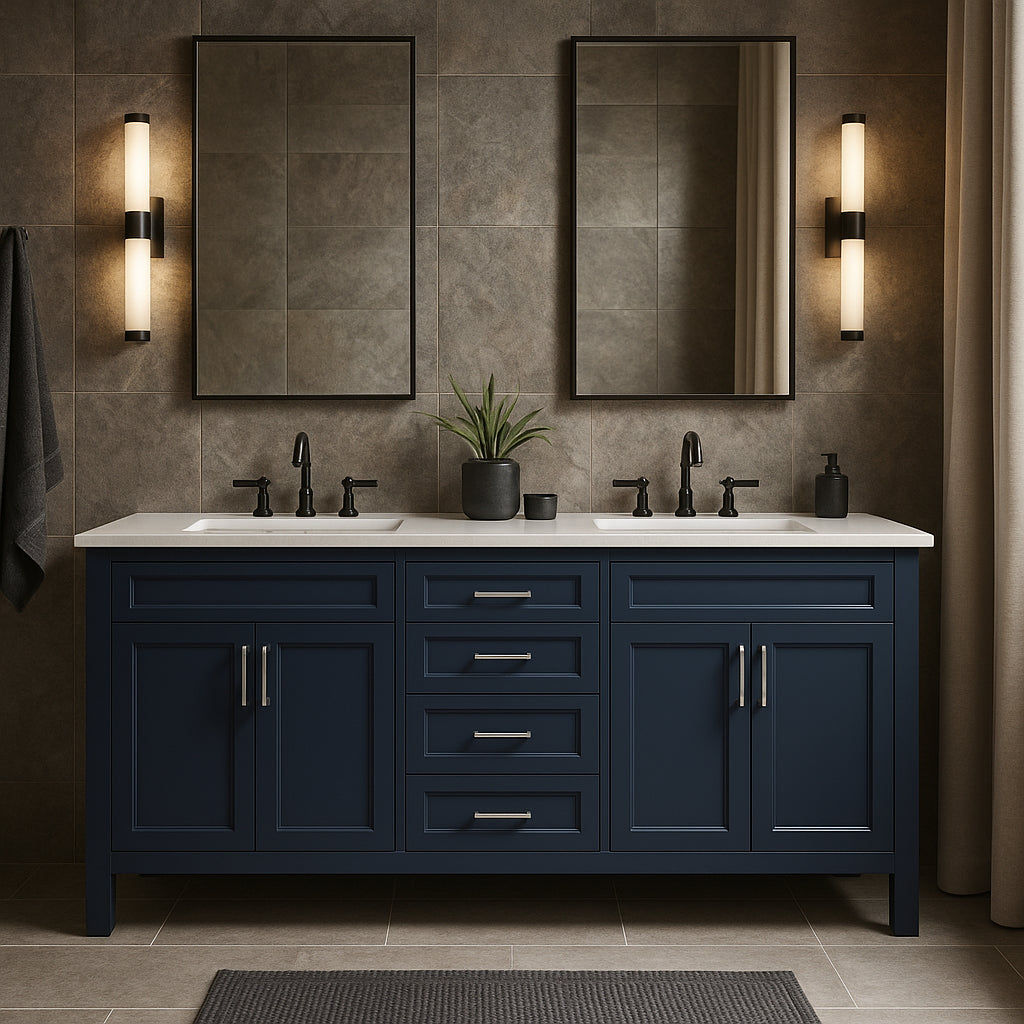 Home Decorators Collection Beaufort 60" Double Sink Vanity in Midnight Blue with White Engineered Stone Top