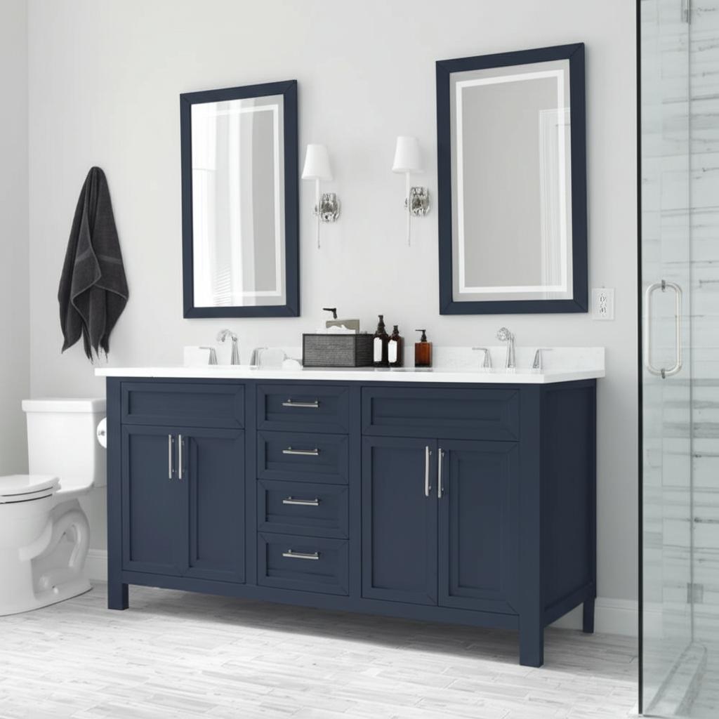 Home Decorators Collection Beaufort 60" Double Sink Vanity in Midnight Blue with White Engineered Stone Top