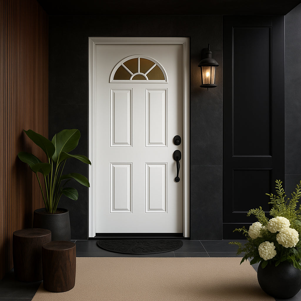 Masonite Premium Fan Lite Primed Steel Prehung Front Door, No Brickmold, 32 in. x 80 in., Left Hand Inswing