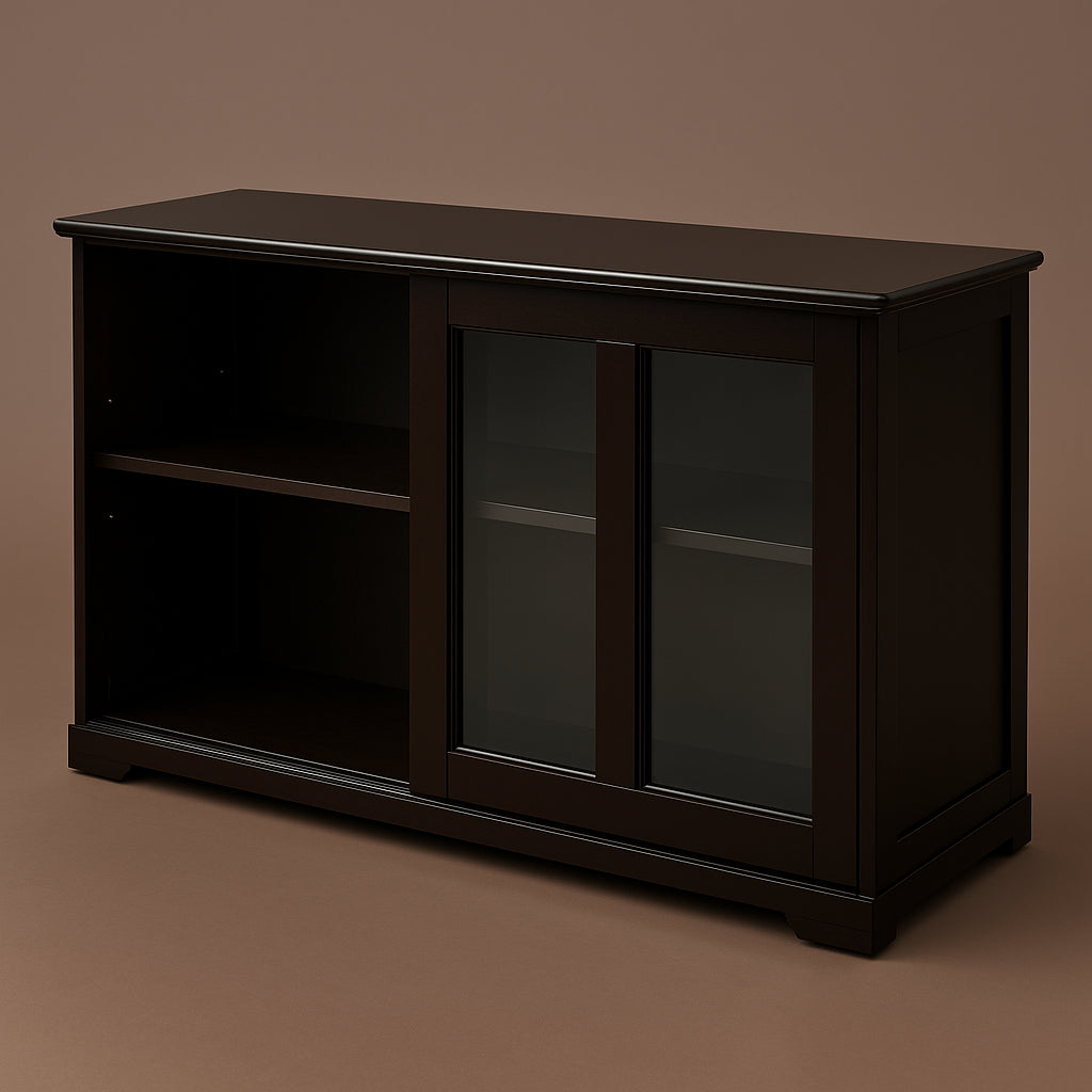 Bunpeony Brown Wooden Pantry Cabinet with Glass Sliding Doors - 42" x 24.5" x 13"