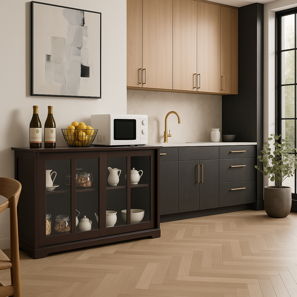 Bunpeony Brown Wooden Pantry Cabinet with Glass Sliding Doors - 42" x 24.5" x 13"
