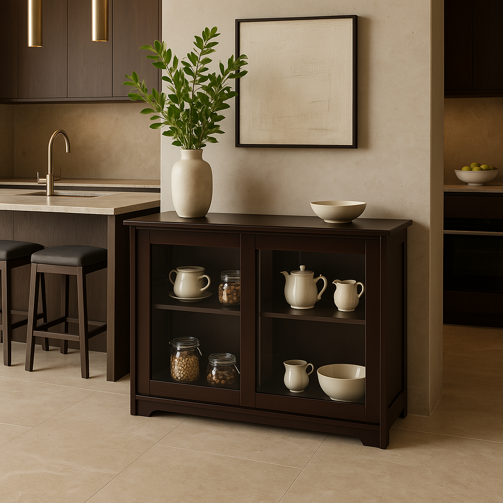 Bunpeony Brown Wooden Pantry Cabinet with Glass Sliding Doors - 42" x 24.5" x 13"