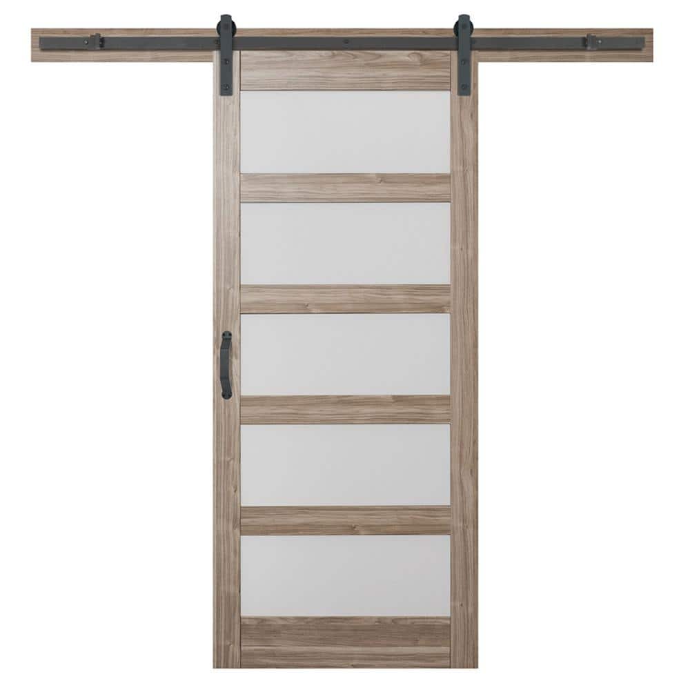 Masonite 36 in. x 84 in. 5 Equal Lites Frosted Glass Ash Gray Interior Sliding Barn Door Slab with Hardware Kit