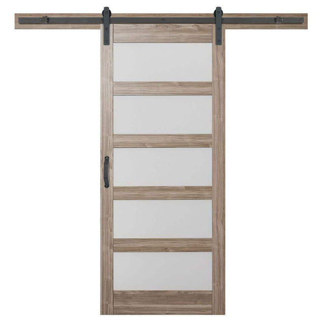 Masonite 36 in. x 84 in. 5 Equal Lites Frosted Glass Ash Gray Interior Sliding Barn Door Slab with Hardware Kit