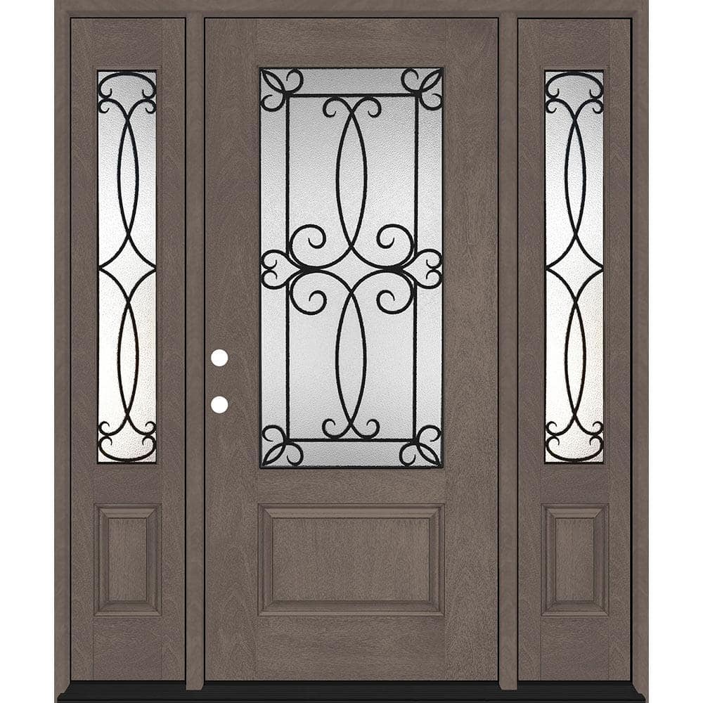 Steves & Sons Regency 64 in. x 80 in. 3/4 Lite Georgian Decorative Glass RHOS Ashwood Mahogany Fiberglass Prehung Front Door with 12 in. Sidelites