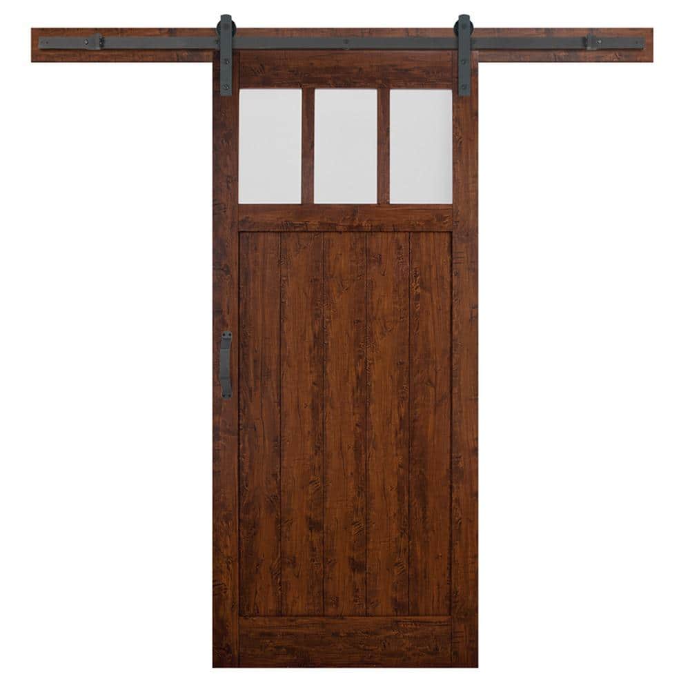 36 in. x 84 in. Masonite Craftsman 3-Lite Auburn Interior Sliding Barn Door Slab with Hardware Kit