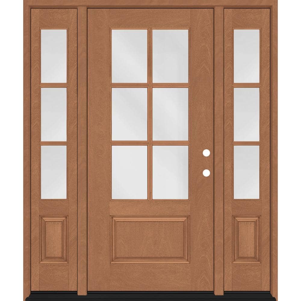 Steves & Sons Regency 64 in. x 80 in. 3/4-6 Lite Clear Glass LH AutumnWheat Stain Mahogany Fiberglass Prehung Front Door with Double 12 in. Sidelites