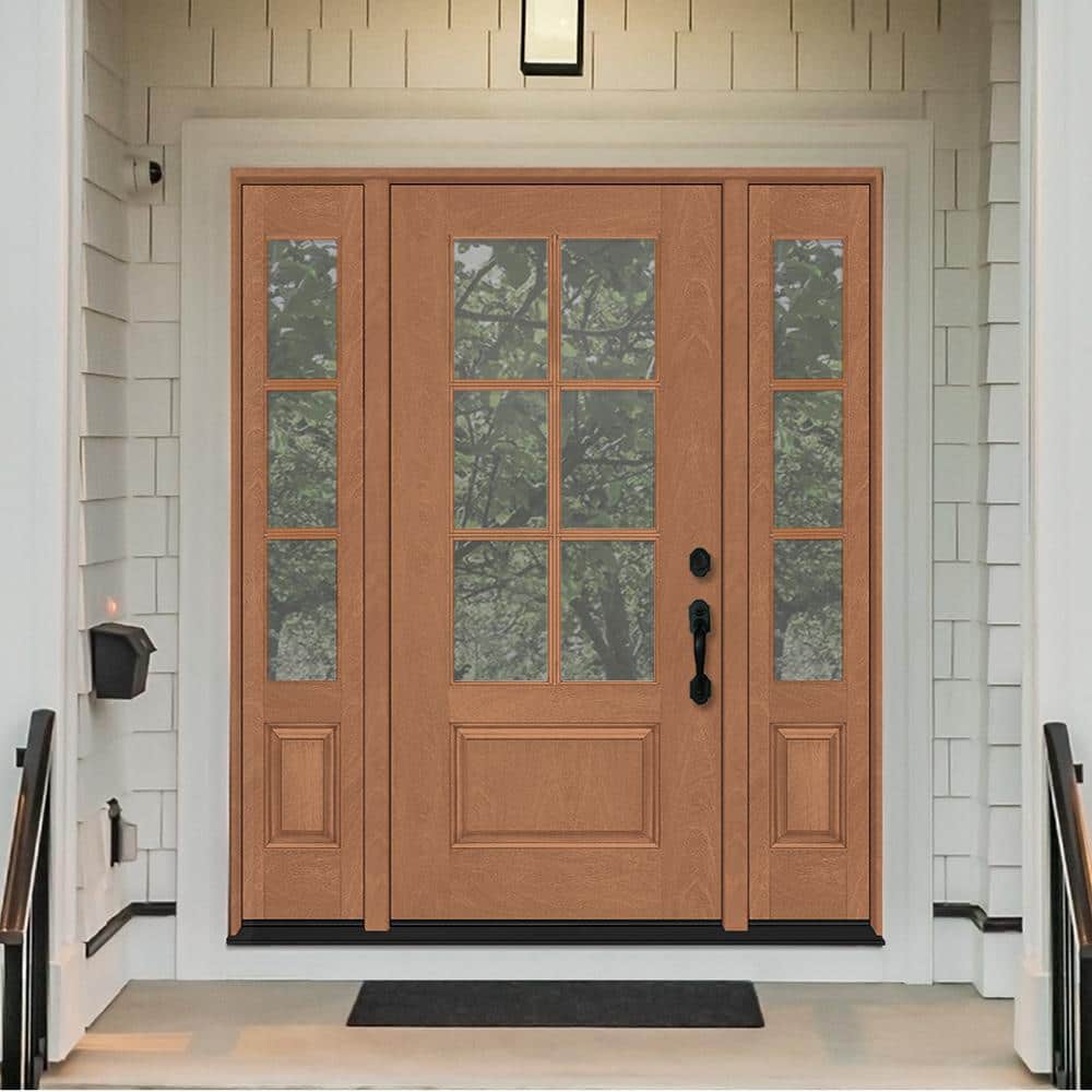 Steves & Sons Regency 64 in. x 80 in. 3/4-6 Lite Clear Glass LH AutumnWheat Stain Mahogany Fiberglass Prehung Front Door with Double 12 in. Sidelites