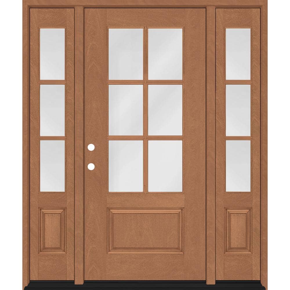 Steves & Sons Regency 64 in. x 80 in. 3/4-6 Lite Clear Glass RH AutumnWheat Stain Mahogany Fiberglass Prehung Front Door with Double 12 in. Sidelites