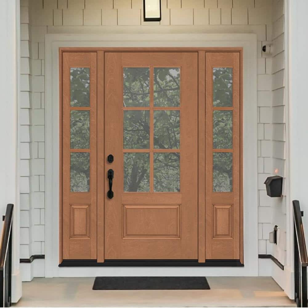 Steves & Sons Regency 64 in. x 80 in. 3/4-6 Lite Clear Glass RH AutumnWheat Stain Mahogany Fiberglass Prehung Front Door with Double 12 in. Sidelites