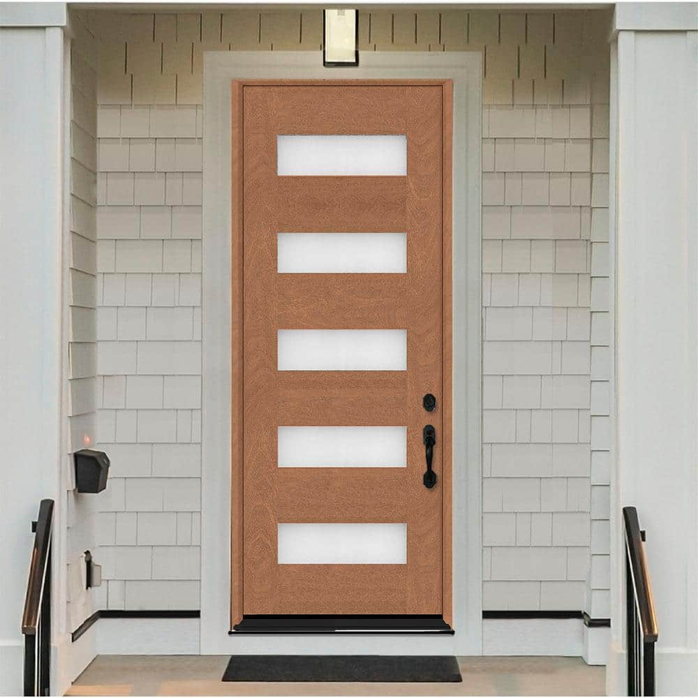 Steves & Sons Regency 36 in. x 96 in. 5L Modern Frosted Glass LHIS Autumn Wheat-Stained Fiberglass Prehung Front Door