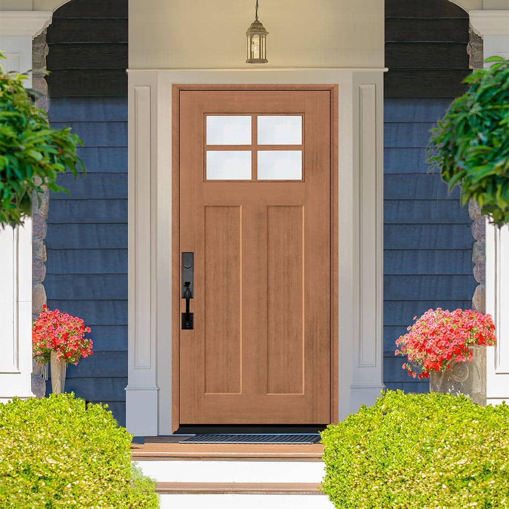 Steves & Sons Regency 36 in. x 80 in. LHOS 4-Lite 1/4 Toplite Clear Glass Autumn Wheat Stain Fir Grain Fiberglass Prehung Front Door