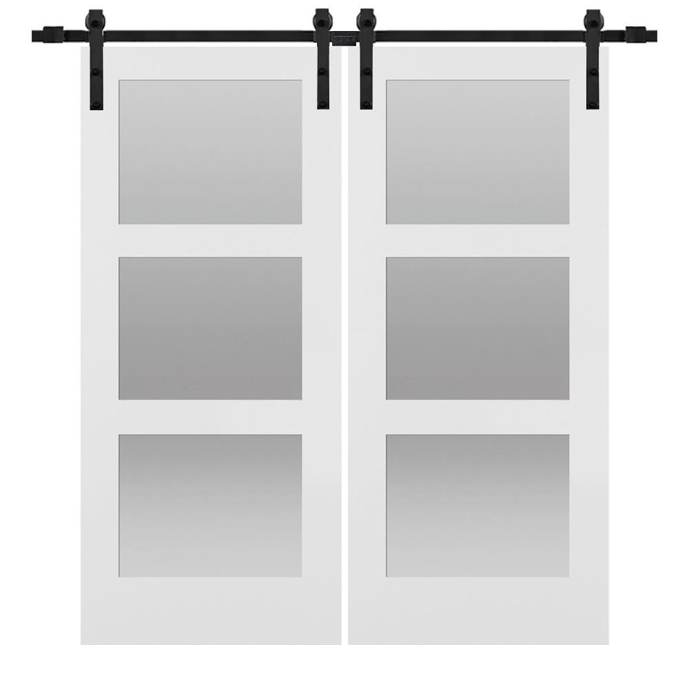 72 in. x 84 in. Shaker 3-Lite Frosted Glass Primed MDF Double Sliding Barn Door with Bent Strap Hardware Kits - Super Arbor