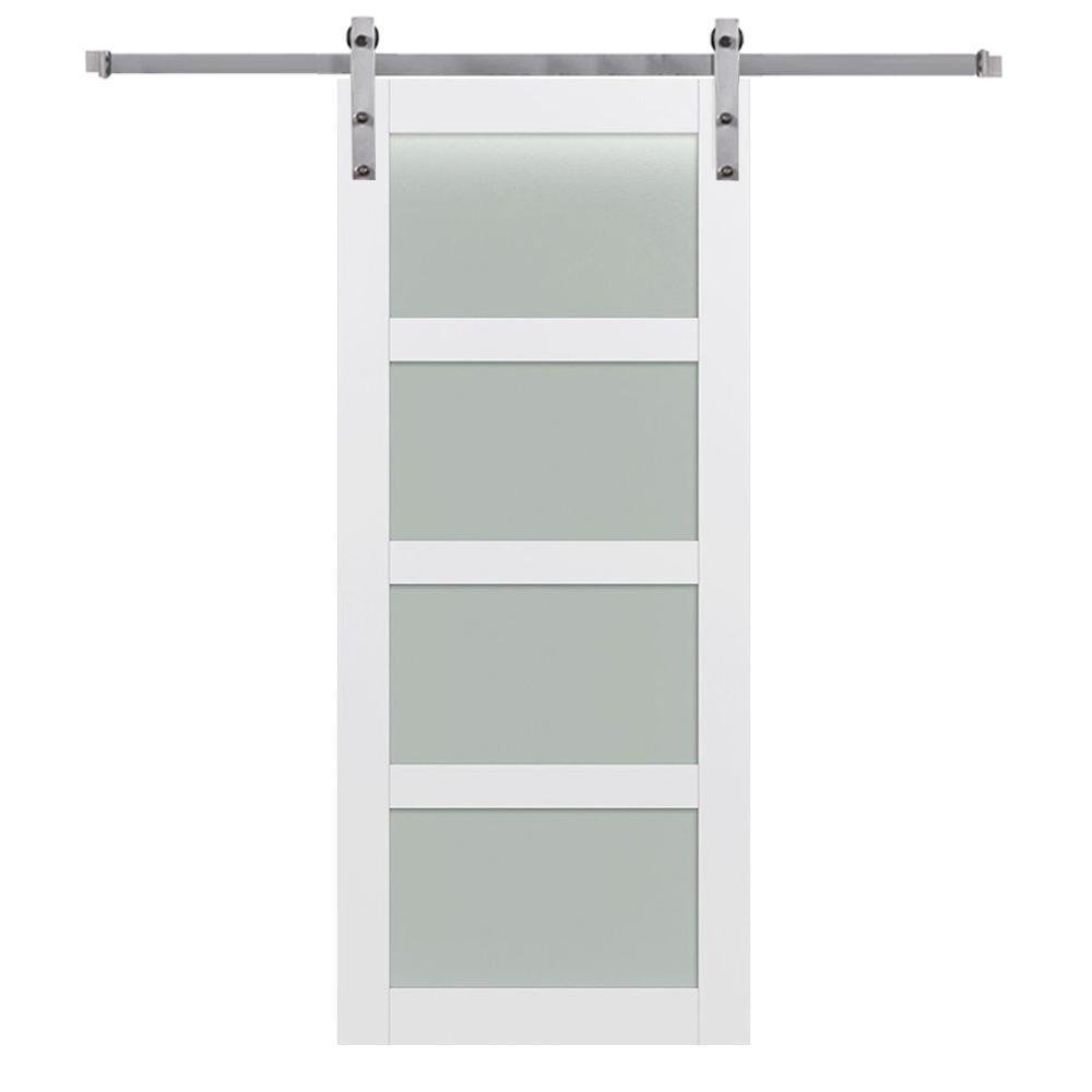 42 in. x 84 in. Shaker 4-Lite Frosted Glass Primed MDF Sliding Barn Door with Bent Strap Hardware Kit - Super Arbor