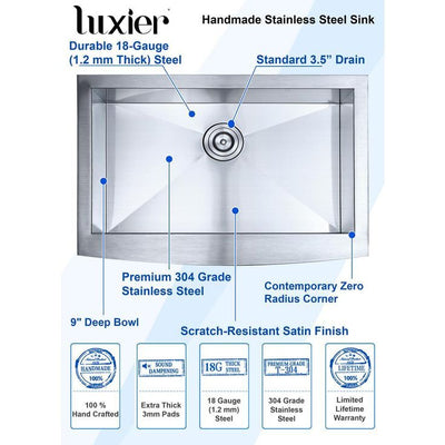 Handmade Farmhouse Apron-Front Stainless Steel 33 in. Single Bowl Kitchen Sink