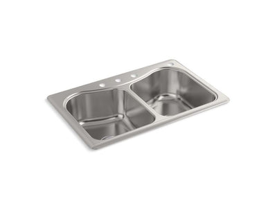 KOHLER Staccato Drop-In Stainless Steel 33 in. 4-Hole Double Bowl Kitchen Sink with Hardwood Cutting Board