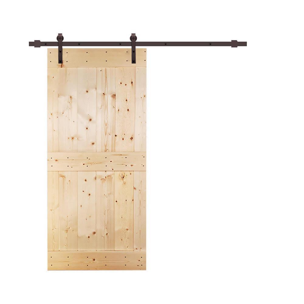 36 in. x 84 in. Mid-Bar White Knotty Pine Wood Interior Sliding Barn Door With Hardware Kit - Super Arbor