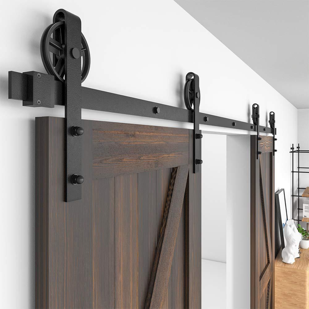 10 ft. /120 in. Frosted Black Sliding Barn Door Track and Hardware Kit for Double Doors with Non-Routed Floor Guide - Super Arbor