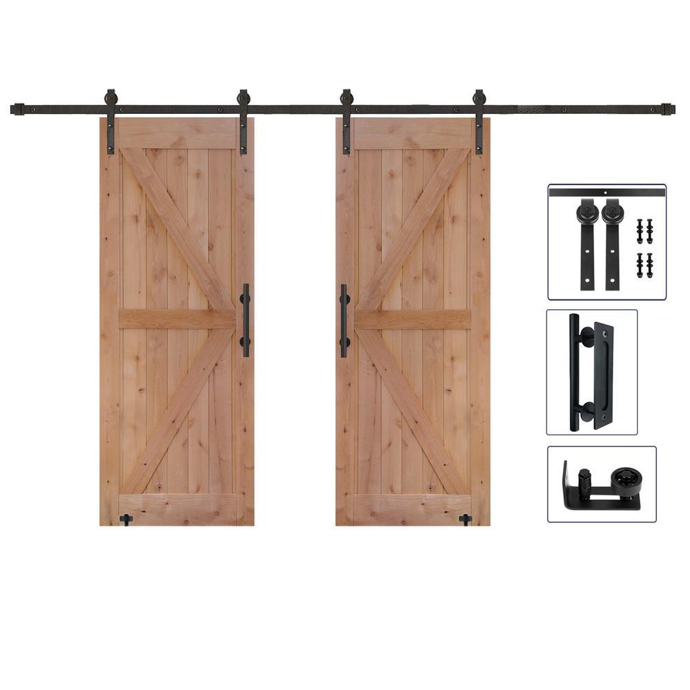 60 in. x 84 in. Assembled Bi-Parting Rustic Unfinished Hardwood Interior Sliding Barn Door Slab with Hardware Kit - Super Arbor