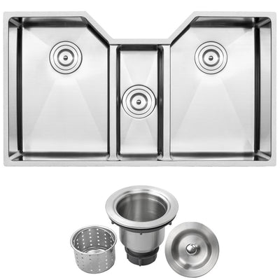 Bradford Undermount 16-Gauge Stainless Steel 35.5 in. Triple Basin Kitchen Sink with Basket Strainer - Super Arbor