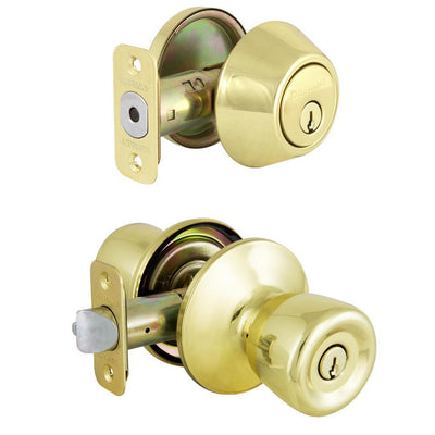 Waterbury Polished Brass Keyed Entry Door Knob with Single Cylinder Deadbolt Combo Pack Master Pinned - Super Arbor