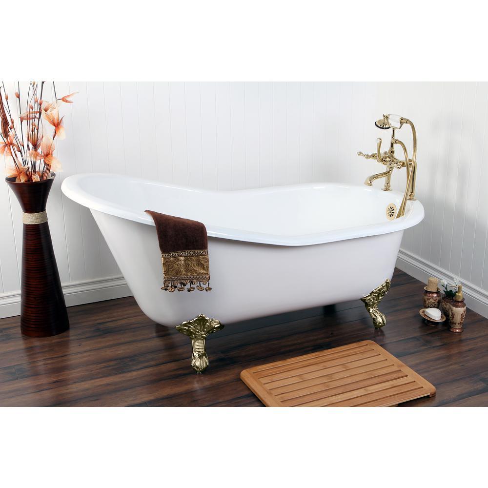 Slipper 62 in. Cast Iron Clawfoot Bathtub in White with Faucet Combo in Polished Brass - Super Arbor