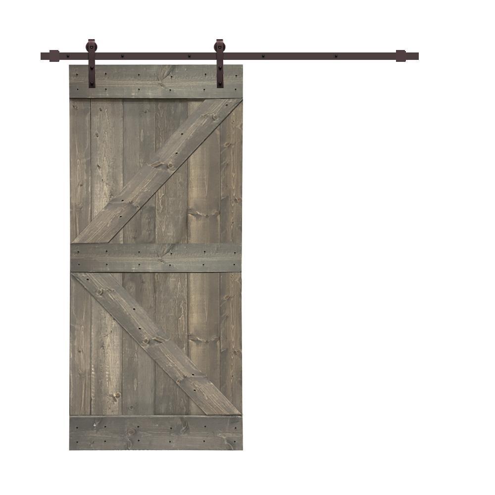 Distressed K 42 in. x 84 in. Walnut Stained Solid Knotty Pine Wood Interior Sliding Barn Door with Hardware Kit - Super Arbor