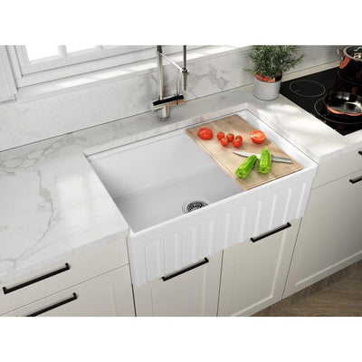 Yorkshire Farmhouse Fireclay 30 in. Single Bowl Kitchen Sink with Cutting-Board, Grid Strainer in White