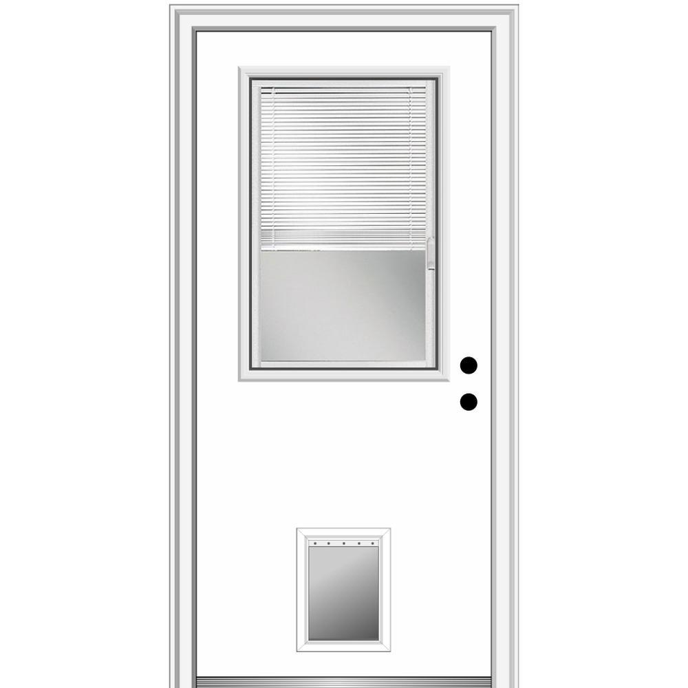 32 in. x 80 in. Internal Blinds Right-Hand Inswing 1/2-Lite Clear Primed Steel Prehung Front Door with Pet Door - Super Arbor