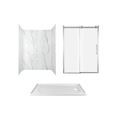 Passage 60 in. x 72 in. 3-Piece Glue-Up Alcove Shower Wall, Door and Base Kit with Right Hand Drain in Serene Marble - Super Arbor
