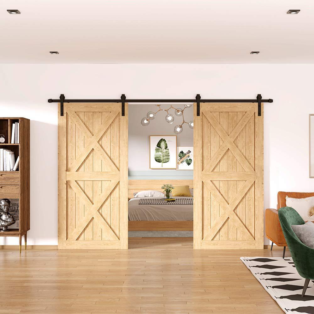 9 ft./108 in. Frosted Black Sliding Barn Door Hardware Track Kit for Double Doors with Non-Routed Floor Guide - Super Arbor