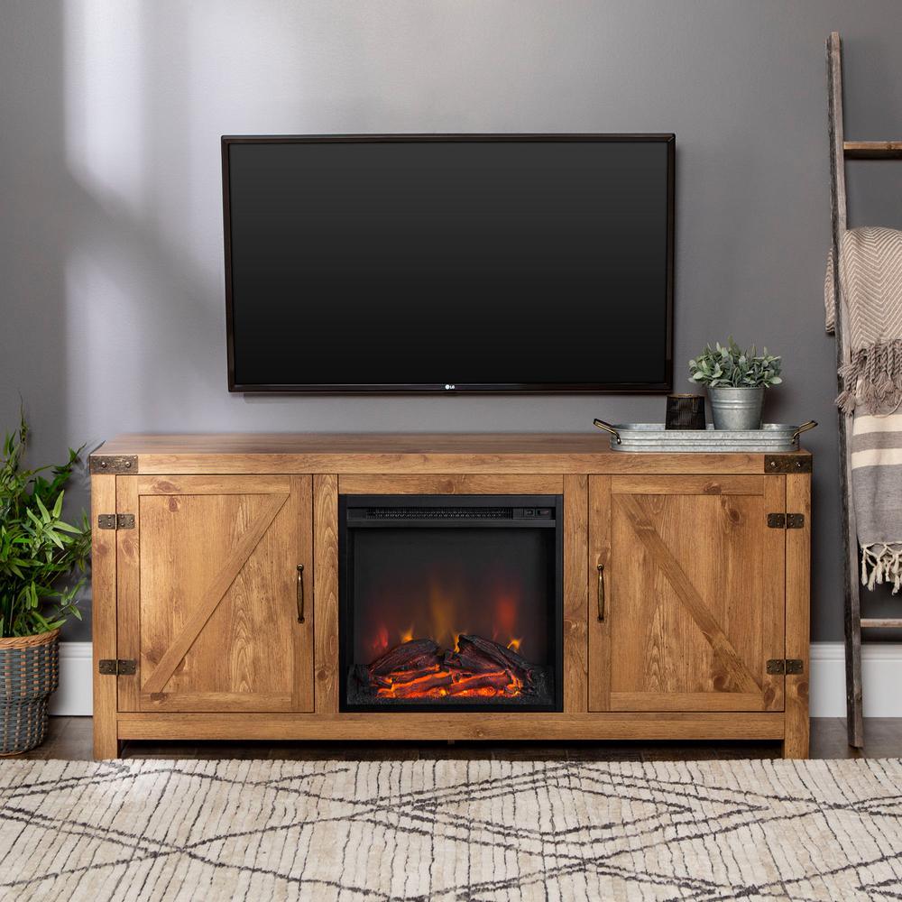 58 in. Rustic Barnwood Modern Farmhouse Barn Door Fireplace TV Stand Storage Console - Super Arbor