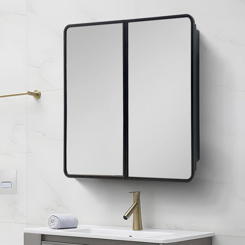 IHOMEadore 32 in. W x 32 in. H Rectangular Black Metal Wall Mount or Recessed Medicine Cabinet with Mirror in Bathroom